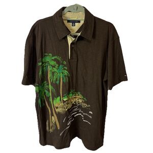 Tommy Hilfiger Men’s L Tropical Tree Graphic Print Short Sleeve Polo Shirt Brown